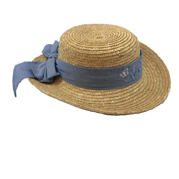 Vintage Straw Brimmed Summer Hat Floral Embroided Band main image 13